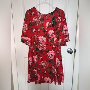 (Never Worn, With Tags) Lulu’s Laclair Red Floral Print Surplice Skater Dress